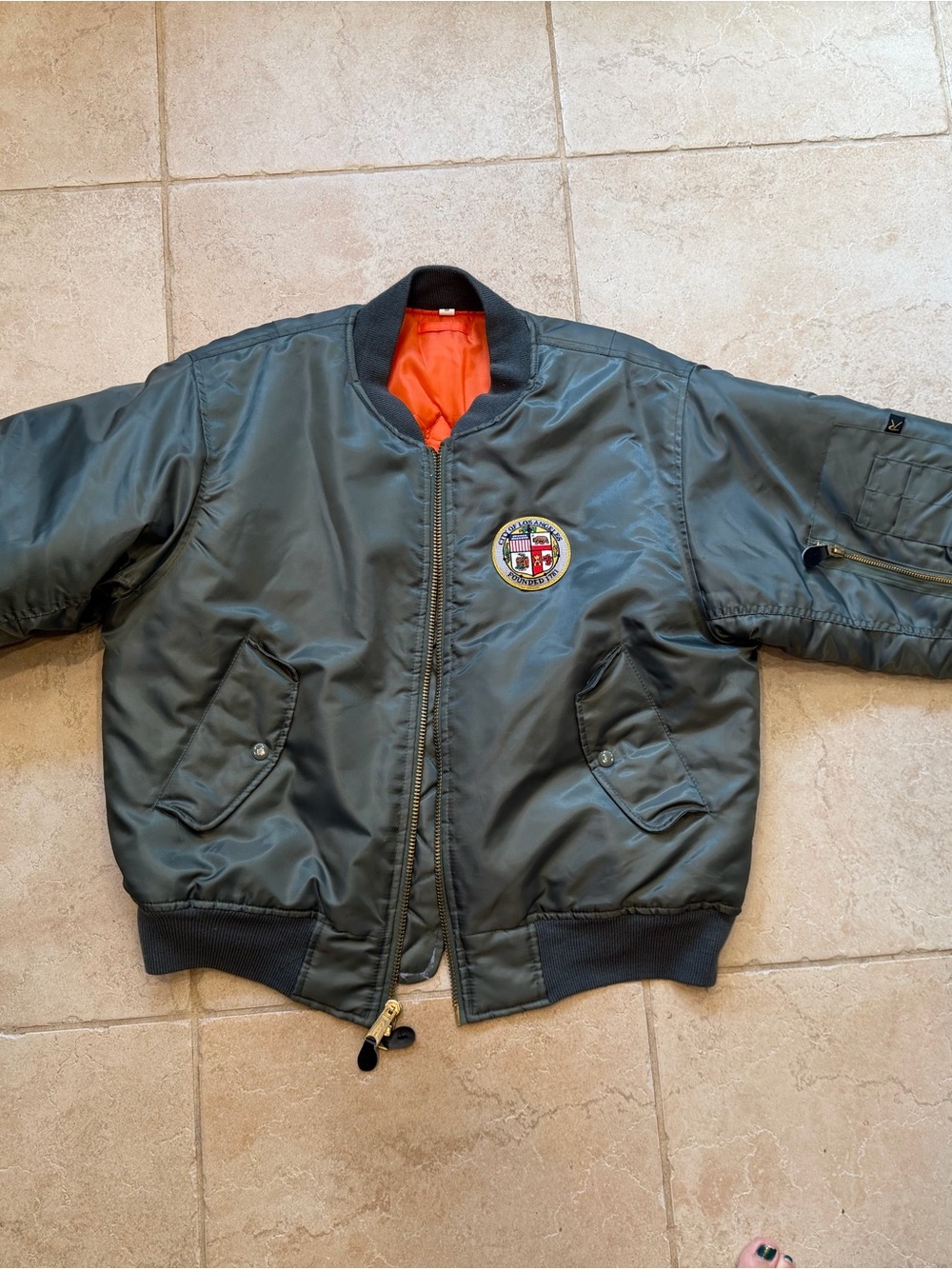 Olive Green Bomber Jacket with Orange Lining
